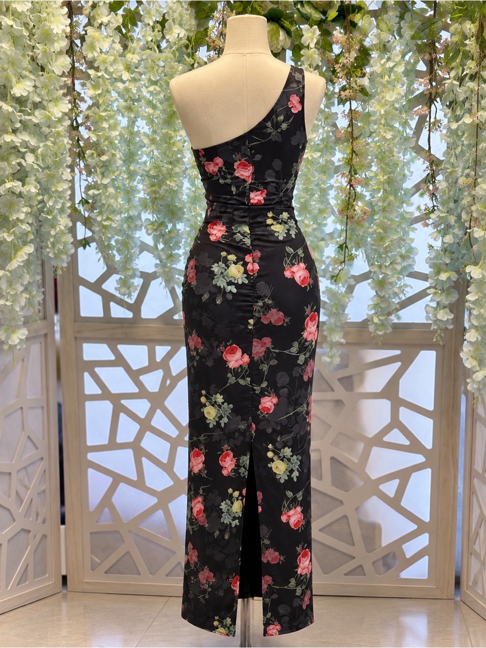 Asymmetric Black Floral Evening Gown - Picture 2 of 3
